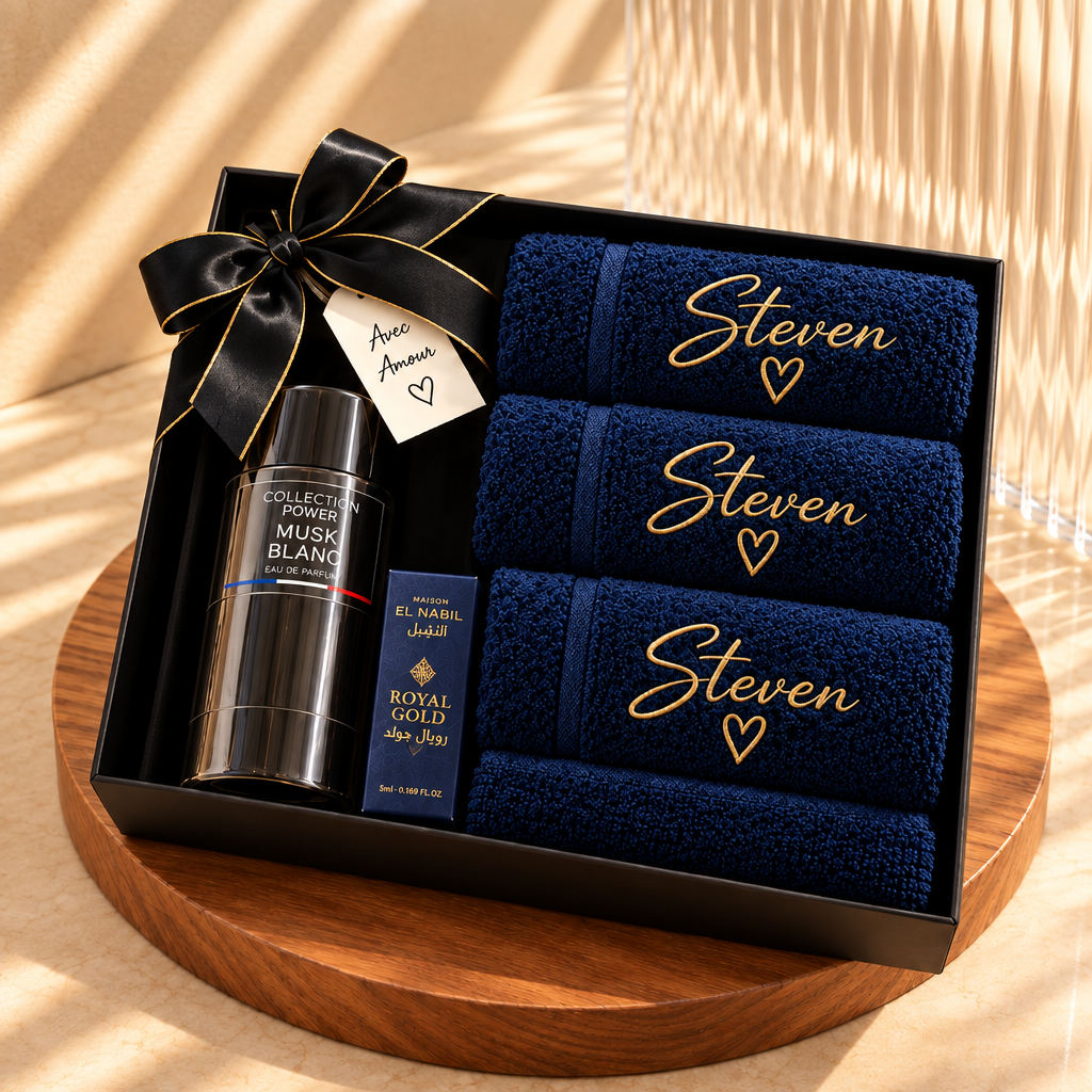 Coffret Homme Personnalisé – Serviettes & Parfum