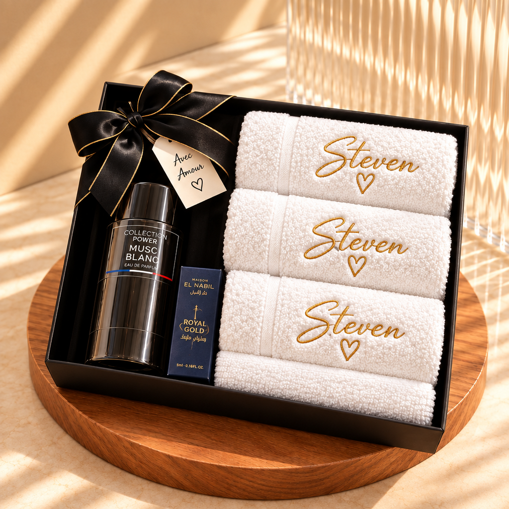 Coffret Homme Personnalisé – Serviettes & Parfum