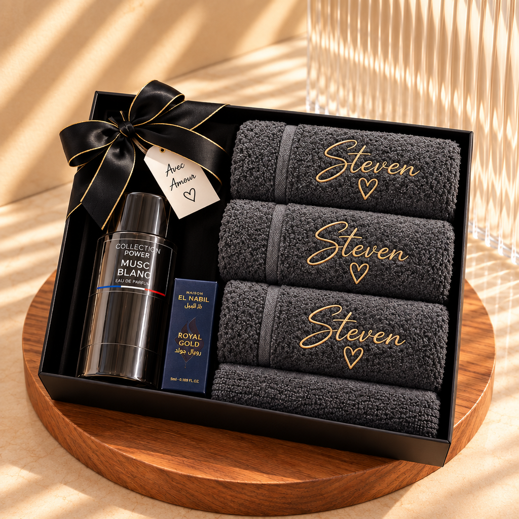 Coffret Homme Personnalisé – Serviettes & Parfum