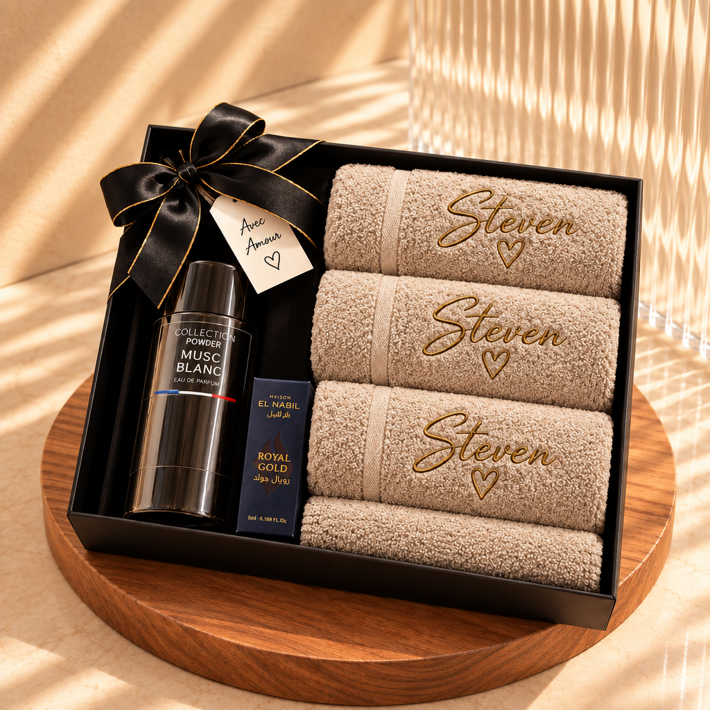 Coffret Homme Personnalisé – Serviettes & Parfum