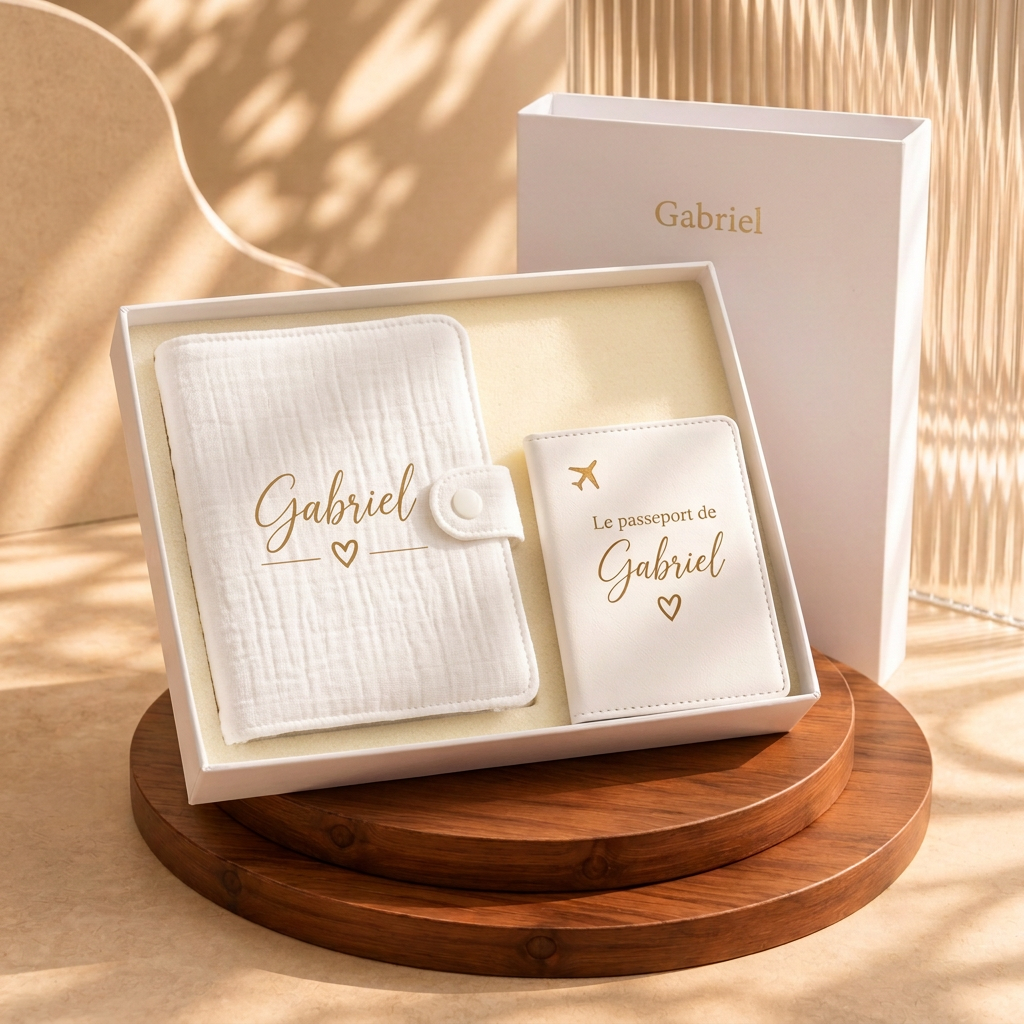 Coffret bébé avec protège-carnet en gaze de coton et protège-passeport lisse