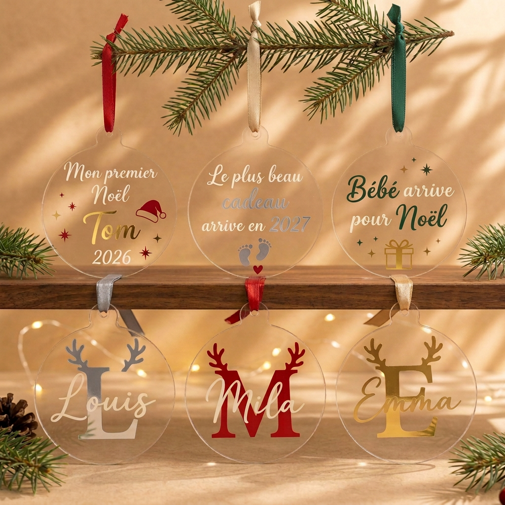 Collection de boules de Noël avec une inscription vert sapin