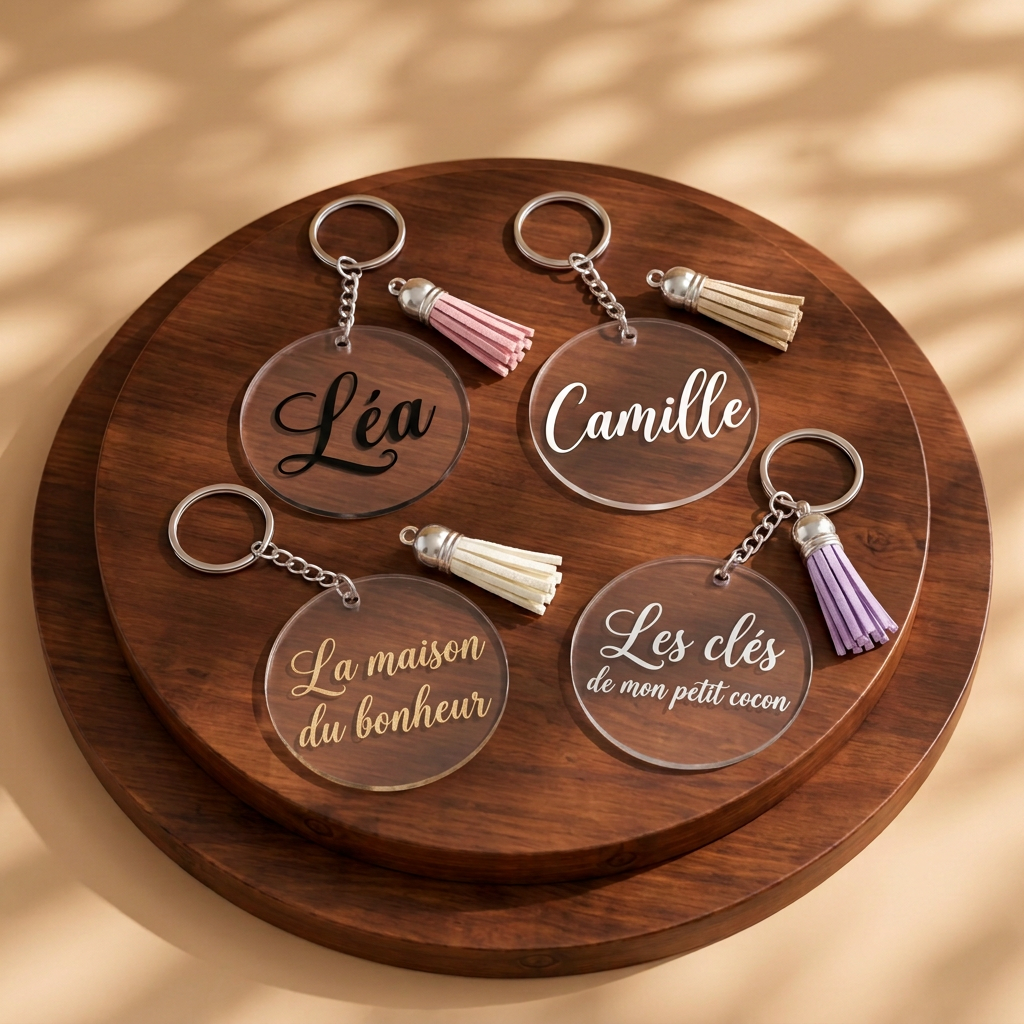 Porte-clés personnalisés avec prénoms et phrases, pompons attachés aux anneaux