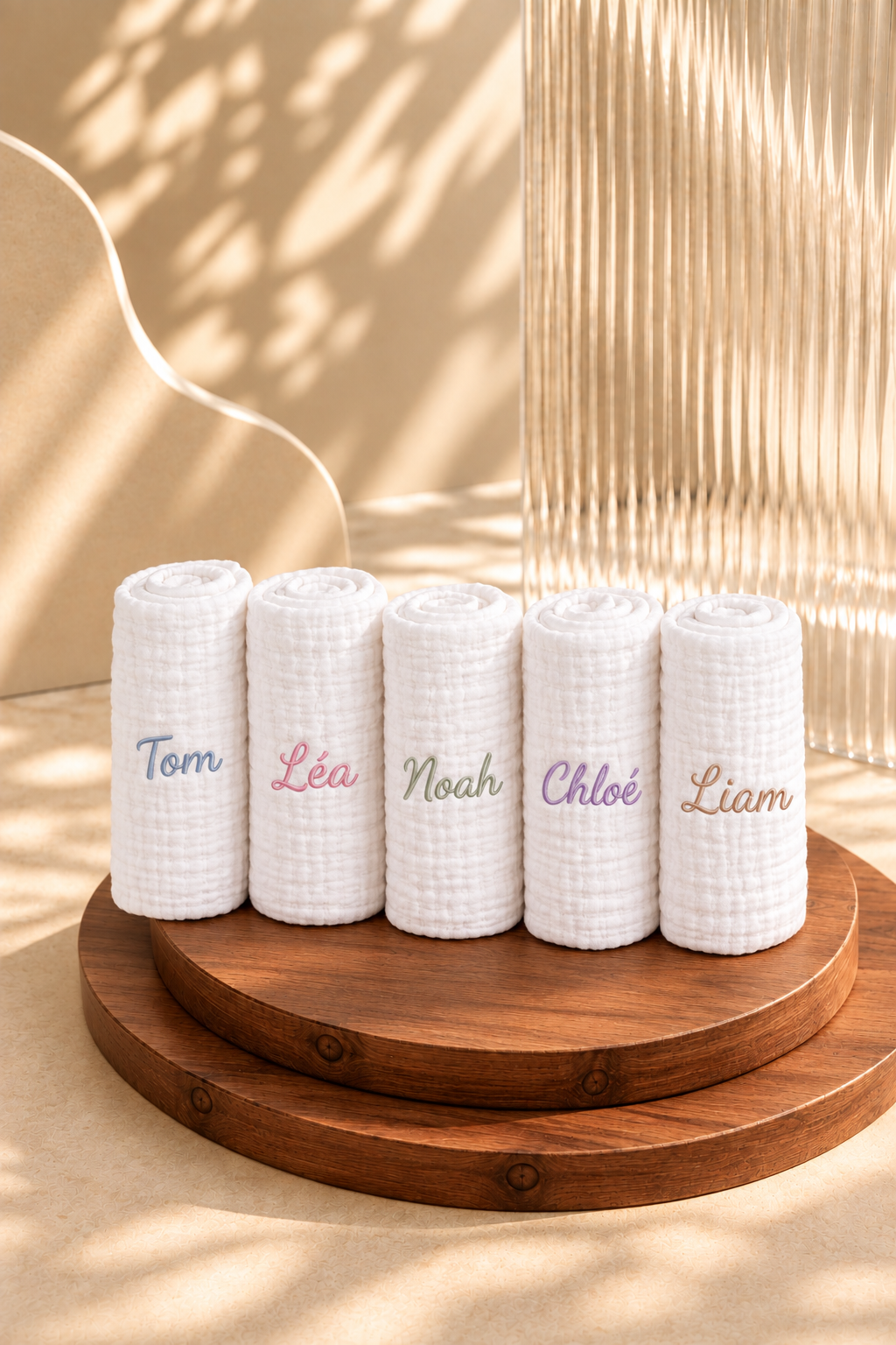 Serviettes bébé enroulées – Tom, Léa, Noah, Chloé, Liam