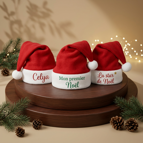 Trois bonnets de Noël personnalisés sur le socle en bois, dans un décor festif
